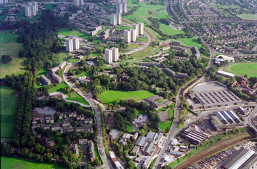 Aerial view of Norfolk Park area. Park Grange Road, left. East Bank Road, right. Olive Grove Road and Bus Depot, far right