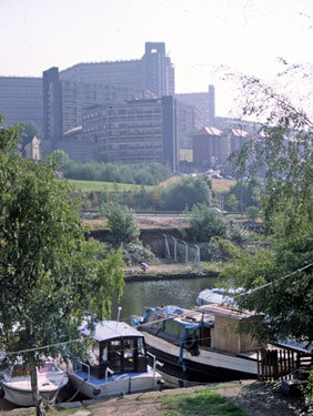 Moorings, Sheffield and South Yorkshire Navigation with Hyde Park Flats in the background 