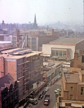 Elevated view from the Court House (formerly the Town Hall) of Castle Street and Angel Street showing Angel Street B and C Co-op (Castle house No. 1) and ABC Cinema