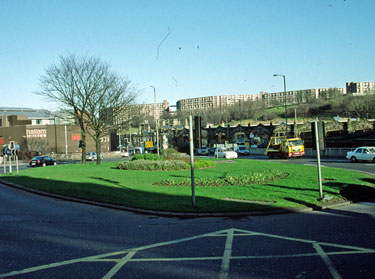 Sheaf Square roundabout looking towards the Nelson Mandela Building, Hallam University (left); Sheffield Midland railway station and Park Hill Flats in the background