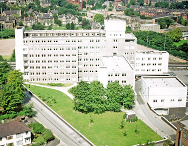 Elevated view of Weston Park Hospital from Hallamshire Hospital