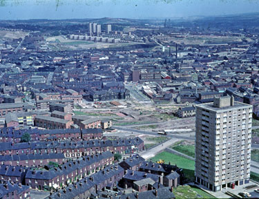 Elevated view from University of Sheffield Arts Tower, Hope Street (extreme left foreground); Weston Street (bottom); Latimer Street and Netherthorpe Flats (right) looking towards Netherthorpe Nursery and Infant School (centre)