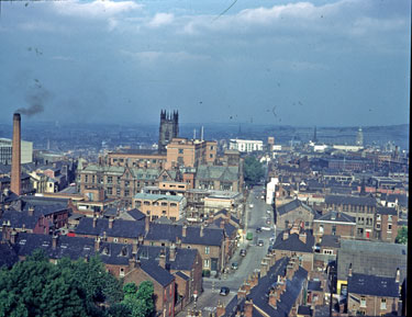 Elevated view from University of Sheffield Arts Tower of Leavygreave Road with Jessop Hospital for Women and St George C. of E. Church (centre)