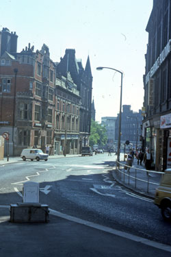 Church Street from Leopold Street looking towards High Street with Cairns Chambers and Lloyds Bank Chambers left, summer 1976