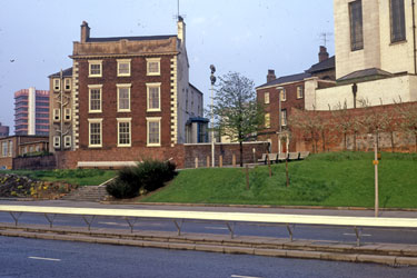 Leader House (left), Central Library (right) and Masonic Hall (background), Surrey Street from Arundel Gate