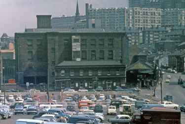 Elevated view of Wharf Street Goods Depot, Wharf Street looking towards Bernard Street Flats and Hyde Park Flats in the background with Broad Street extreme left