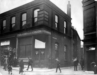 Exchange Street and corner of Castle Folds Lane, 1913-1914, No. 23 Exchange Street, Sheffield Cafe Co. Ltd., Norfolk Castle Dining Rooms and No. 27 Rotherham House public house