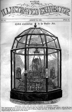 Front page of 'The Illustrated Exhibitor', dated August 23, 1851, showing octagonal glass case containing specimens of Sheffield cutlery. The centre piece is the Norfolk Knife by Joseph Rodgers and Sons Ltd.