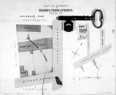 Plan from auctioneer's notice of sale, and actual jail key from Ecclesall Gaol and Court of Requests, Tudor Street Moor (later became Thomas Street)
