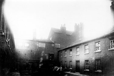 Hollis Hospital looking towards rear of Three Travellers Inn from Bridge Street (buildings on right front Newhall Street)