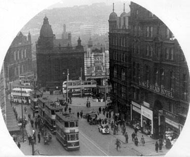 Elevated view of High Street and Fitzalan Square before the Blitz, King's Head Hotel and Marples Hotel, right, Barclays Bank and News Theatre in background