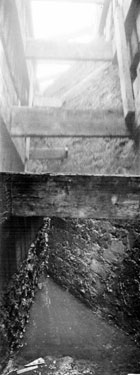 Sheffield Castle excavations recorded by J.B. Himsworth. Moat under castle gateway, A. Leslie Armstrong believed the water to be stagnant, however, Himsworth was convinced it was fed by a stream running under High Street