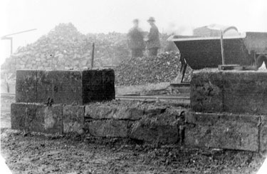 Sheffield Castle excavations recorded by J.B. Himsworth. Castle Masonry, uncovered when a trench was excavated for the back wall foundations for business premises, Brightside and Carbrook