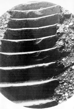 Sheffield Castle excavations recorded by J.B. Himsworth. Stone steps at N.E. of site leading down to some shallow vaulted brick basements, the floor of which rests upon some stone walling in Castle Folds Lane, below