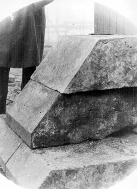 Sheffield Castle excavations recorded by J.B. Himsworth. Plinth, discovered in remains of a stone vaulted room or dungeon