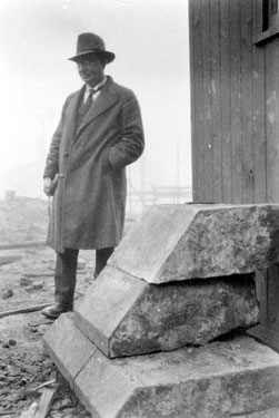 Sheffield Castle excavations recorded by J.B. Himsworth. Plinth, discovered in remains of a stone vaulted room or dungeon