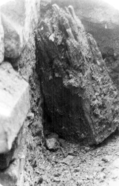 Sheffield Castle excavations recorded by J.B. Himsworth. Remains of square post stump