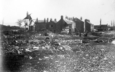 Sheffield Flood, General view of ruins at Malin Bridge Village, Hillsborough, Remains of Cleakum Inn/Malin Bridge Inn, left, Site of Stag Inn and Turner Wheel, foreground