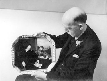Unidentified man holding an oil painting on a tray of Thomas Wentworth, 1st Earl of Strafford and unidentified man