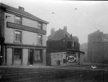 West Street looking towards demolition of buildings on Bow Street. Wharncliffe Arms, No 42 and 44, West Street, left