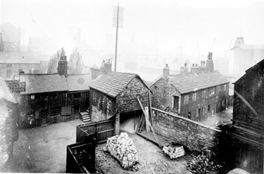 Balm Green from Division Street. Court No. 4 left (note sign for Robert Moss, joiner and undertaker), Court No 2, right (behind wall)