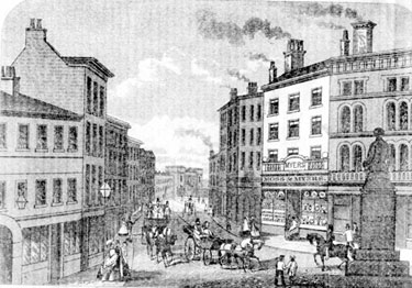 Ebenezer Elliott Monument, Market Place looking towards High Street. Shops on right include No. 49 Market Place, Moss and Myers, watchmakers and jewellers. George Hotel, left, (with arch)
