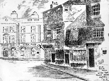 Engraving by J.H.Stainton of timber framed buildings at bottom of Snig Hill. Pack Horse Inn, No. 2 West Bar, left