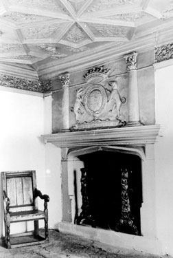 Queen Mary's room in the Turret Lodge at Sheffield Manor House, Manor Park. The Shrewsburys Coat of Arms are carved over the fireplace