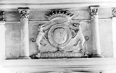 The Shrewsburys Coat of Arms carved over the fireplace in Queen Mary's room at the Turret Lodge at Sheffield Manor House, Manor Park.
