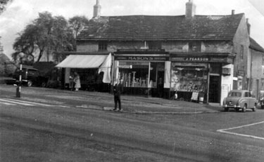 Nos. 286, J. Pearson, confectioner, 288, Fredrick Mason, grocer and Norwood Sub-Post Office and 290, Keneth Asher Ltd., butcher, Piper Houses and Hunfield House (extreme right) junction of Longley Lane and Herries Road (formerly Piper
