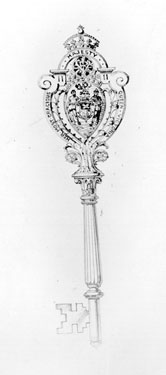 Drawing of key presented to Queen Victoria on her visit to Sheffield, engraved 'Her Most Gracious Majesty Queen Victoria'