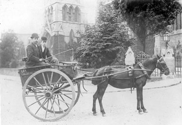 Horse drawn cart of Joseph Lowe, agricultural machinery agent, No. 19 Nursery Street, outside St. Johns' Ranmoor Church, Ranmoor Park Road