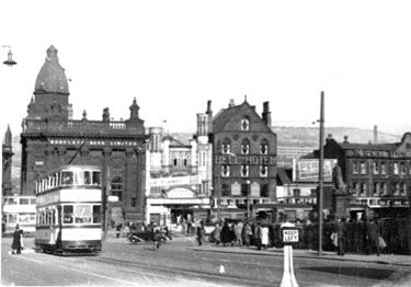 Fitzalan Square from High Street showing Barclays Bank; News Theatre (formerly Electra Palace Picture Theatre) and Bell Hotel