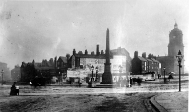 Jubilee Monolith, Town Hall Square, from Leopold Street, prior to construction of Town Hall. Pinstone Street, Cheney Square and St. Paul's Church, right, Surrey Street, left, showing rear of premises fronting New Church Street