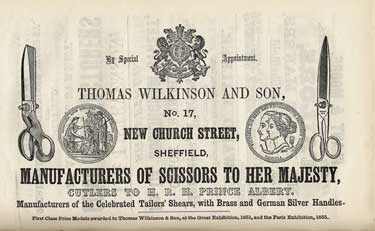 Thomas Wilkinson and Son, scissor manufacturer by appointment to Her Majesty and cutlers to Prince Albert, No. 17 New Church Street