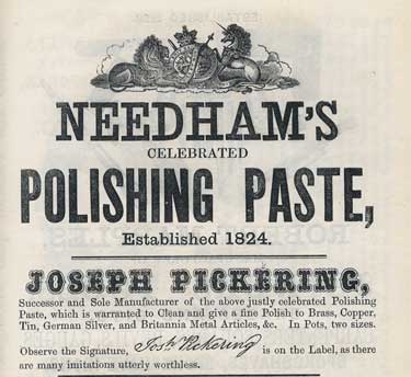 Joseph Pickering, furniture polish manufacturer, manufacturerer of Needham's polishing paste, Mowbray Street