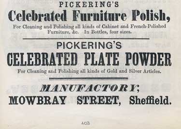 Joseph Pickering furniture polish manufacturer, manufacturerer of Needham's polishing paste, Mowbray Street