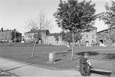 Devonshire Green showing the memorial to citizens of Sheffield who died on the night of the 12th; 13th and 15th December 1940 
