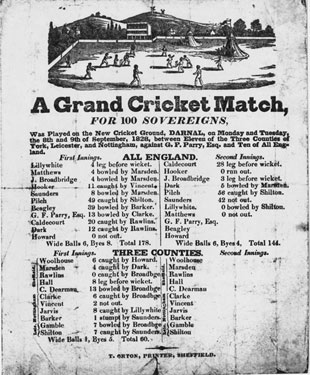 Broadsheet with results of the Cricket Match, Three Counties v's All England played at the new Cricket Ground at Darnall