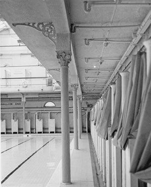 Shallow end and changing cubicles at Attercliffe Road Swimming Baths, Nos. 870 - 872 Attercliffe Road