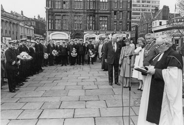 Lord Mayor, Councillor Gordon Wragg OBE, JP and Canon Denis McKee at the Memorial Service outside the Cathedral for the loss of life aboard the Type 42 Class Destroyer HMS Sheffield destroyed in action during the Falklands War 1982