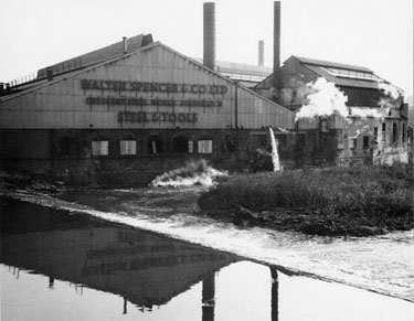 Walter Spencer and Co. Ltd., steel, file, twist drill and cutter manufacturers, Crescent Steel Works, Warren Street with Burton Weir in the foreground