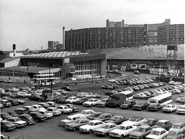 Sheaf Valley Swimming Baths under construction showing Harmer Lane and Sheaf Street with Park Hill Flats in the background