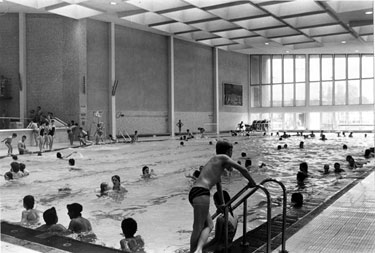 Interior of Sheaf Valley Swimming Baths, Harmer Lane with the mural by Rolf Harris visible on the wall 