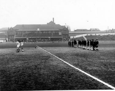 F.A. Cup 4th Round, Sheffield United FC v Aston Villa, Bramall Lane football ground with the cricket pavilion in the background 