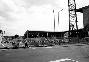 Preparations for the construction of the John Street Stand, Sheffield United FC., Bramall Lane Football Ground showing the junction of Bramall Lane and John Street (left)
