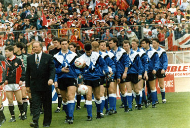 Manager Ron Atkinson leads out Sheffield Wednesday F.C. at the  Rumbelows League Cup Final against Manchester United, Wembley Stadium