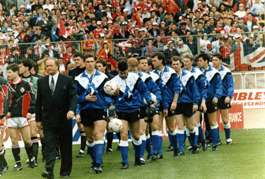 Manager Ron Atkinson leads out Sheffield Wednesday F.C. at the Rumbelows League Cup Final against Manchester United, Wembley Stadium
