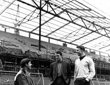 Players, David Ford, left and Vic Mobley checking progress on the new Stand, Sheffield Wednesday F.C., Hillsborough Football Ground