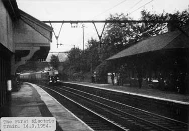 Oughtibridge Station. [Arrival of] the first electric train,14th September 1954